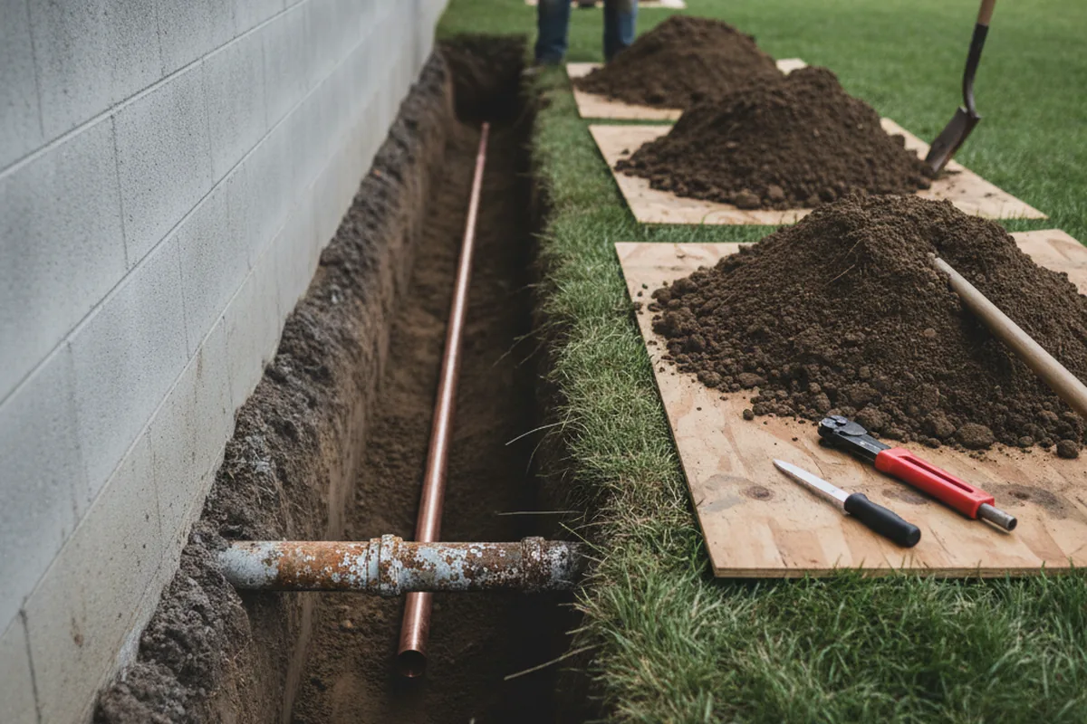 Excavated water line trench during Water Softener Installation in Cat Spring